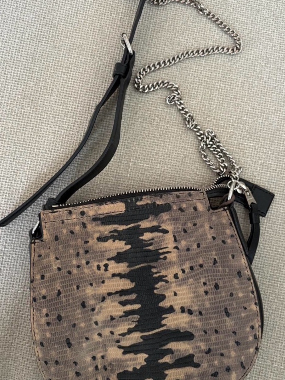 All Saints Snake Skin Leather Pattern Neutral Crossbody Bag with Chain Strap